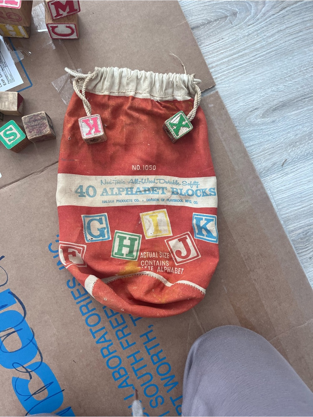 Vintage Playskool Wood Alphabet and Number Blocks Drawstring Bag - Red and Cream